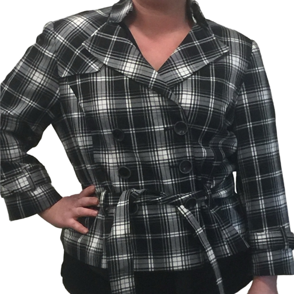 LARRY Levine peplum black and cream double breasted plaid belted blazer size 14